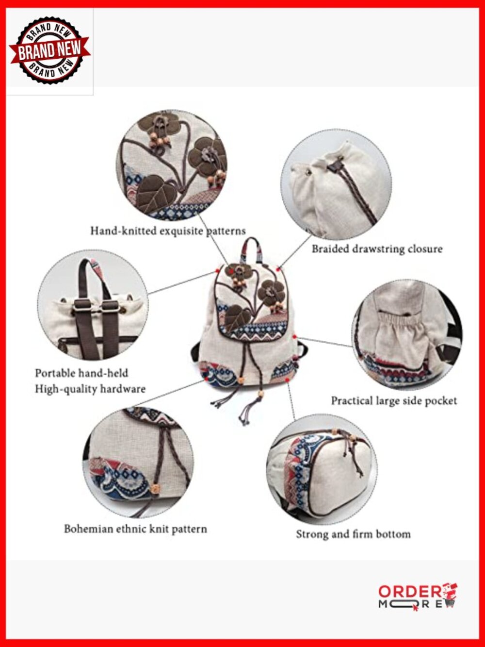 Vintage Bohemian Drawstring Canvas Backpack Purse Women's Hand-Embroidered - Picture 4 of 7